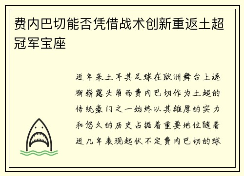 费内巴切能否凭借战术创新重返土超冠军宝座