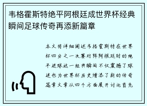 韦格霍斯特绝平阿根廷成世界杯经典瞬间足球传奇再添新篇章