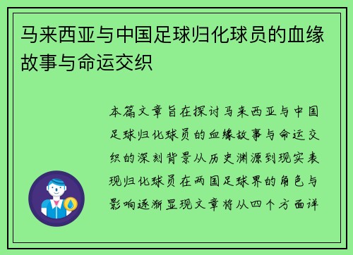 马来西亚与中国足球归化球员的血缘故事与命运交织 马来西亚与中国足球归化球员的血缘故事与命运交织